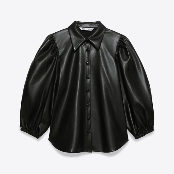 Zara Black Faux-Leather Button Down Blouse (XS) - Picture 1 of 5